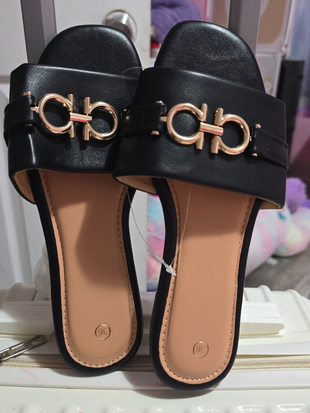 Women’s Black Slide Sandals with Gold Accent
